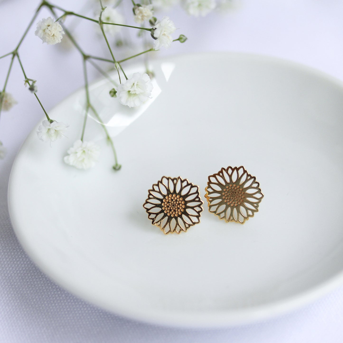 Broqueles Girasol de plata con baño de oro