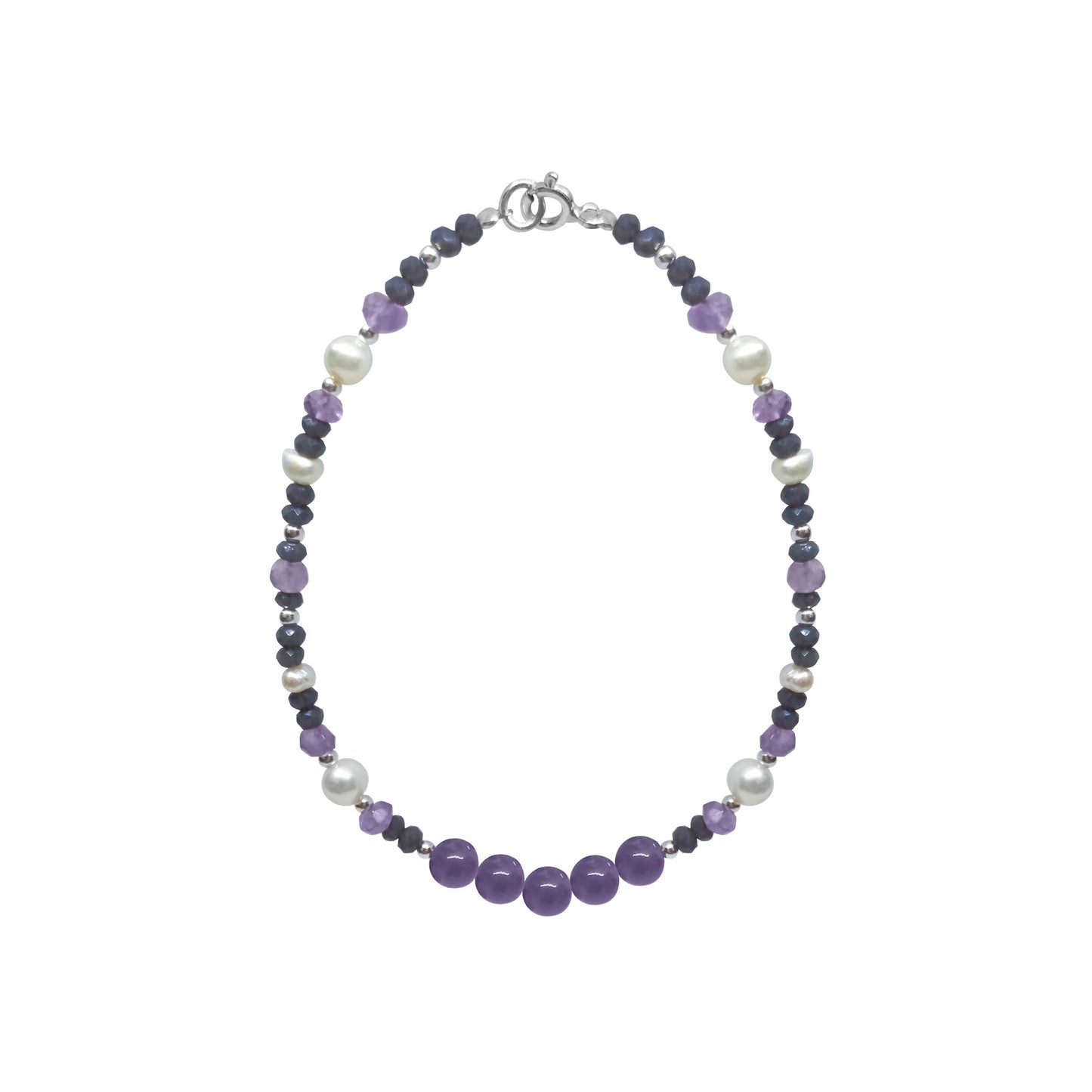 Pulsera Terra con amatistas al centro, calcedonia y perlas