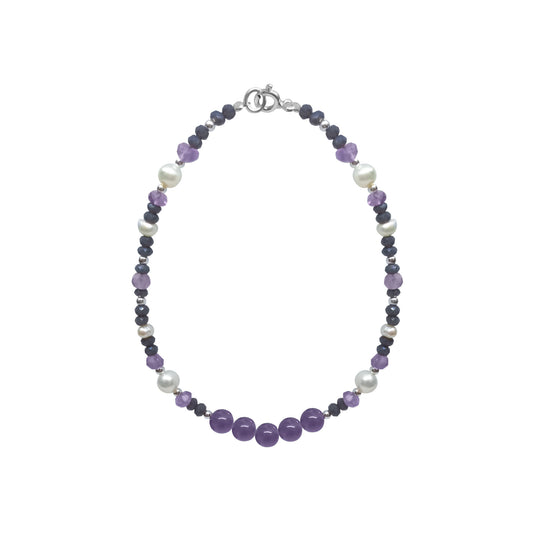 Pulsera Terra con amatistas al centro, calcedonia y perlas