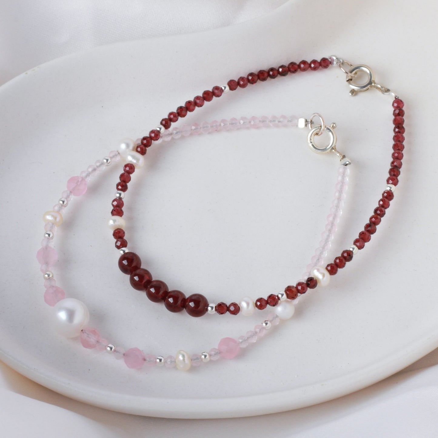 Pulsera Terra de cuarzo rosa, ojo de tigre rosa y perla