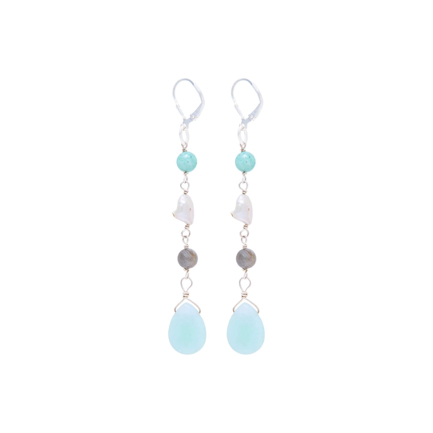 Aretes largos Terra con labradorita, Ágata verde, perlas y plata