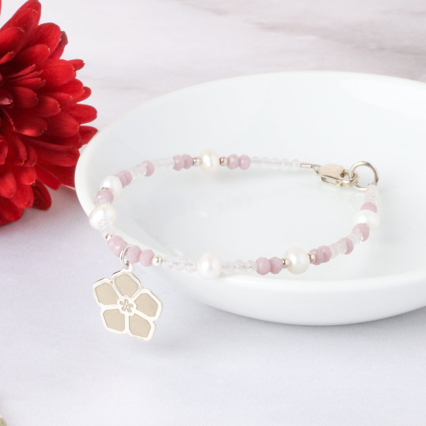 Pulsera Suerte Petunia de plata con piedras y perlas