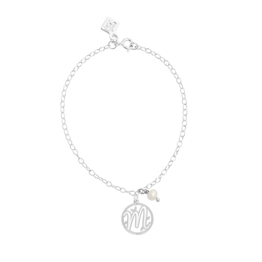 Pulsera cadena de plata con inicial Florecer y perla