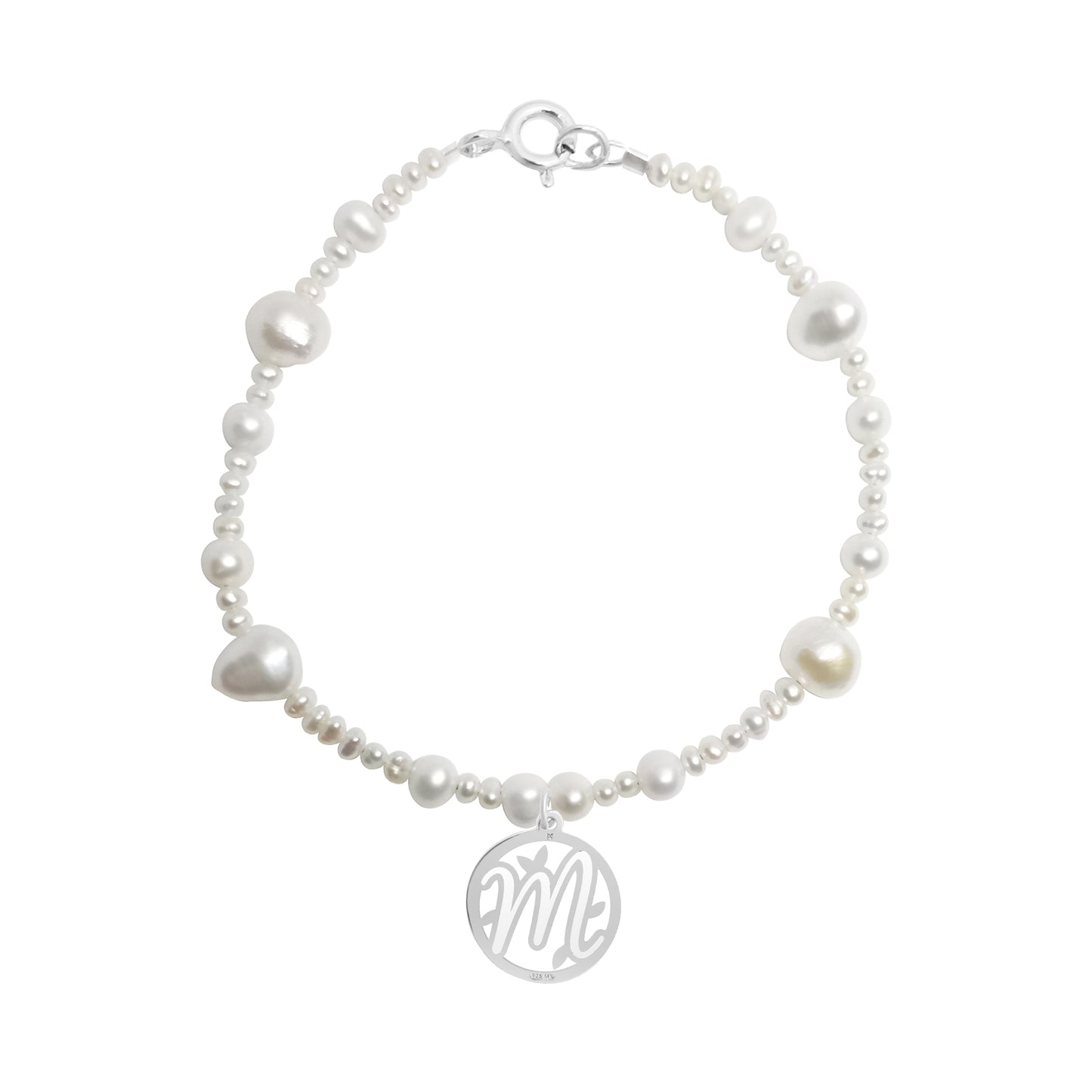 Pulsera de perlas Florecer con inicial M de plata
