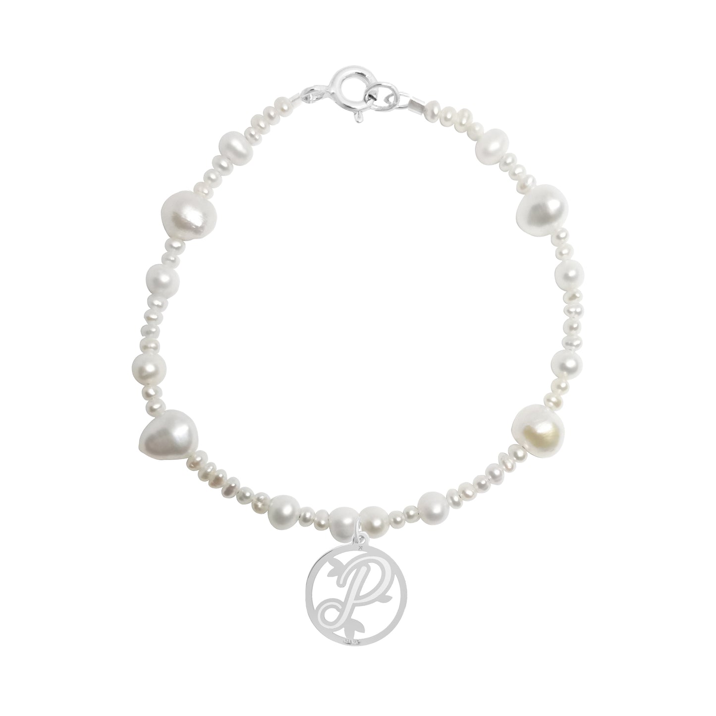 Pulsera de perlas Florecer con inicial P de plata