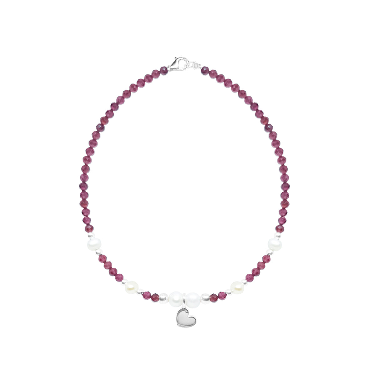 Pulsera corazón Amore plata de granate y perlas