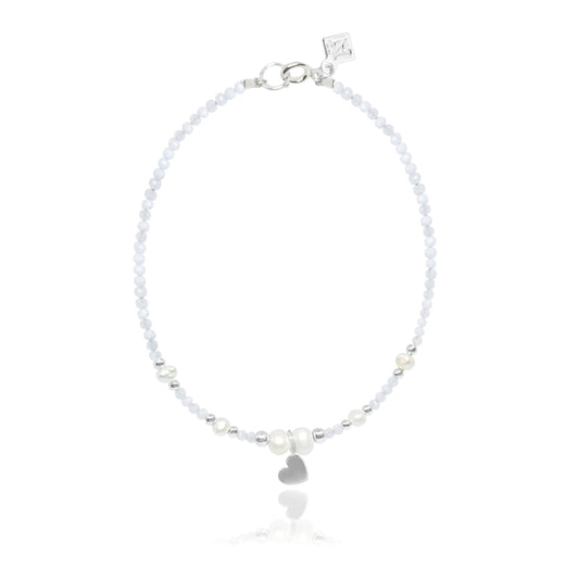 Pulsera corazón Amore de calcedonia azul y perlas