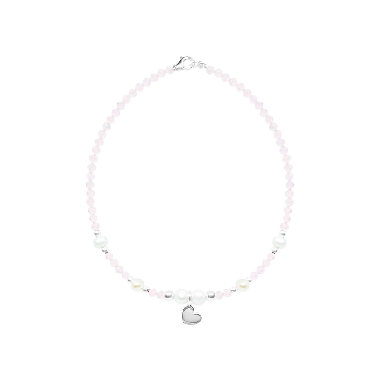 Pulsera corazón Amore de cuarzo rosa y perlas