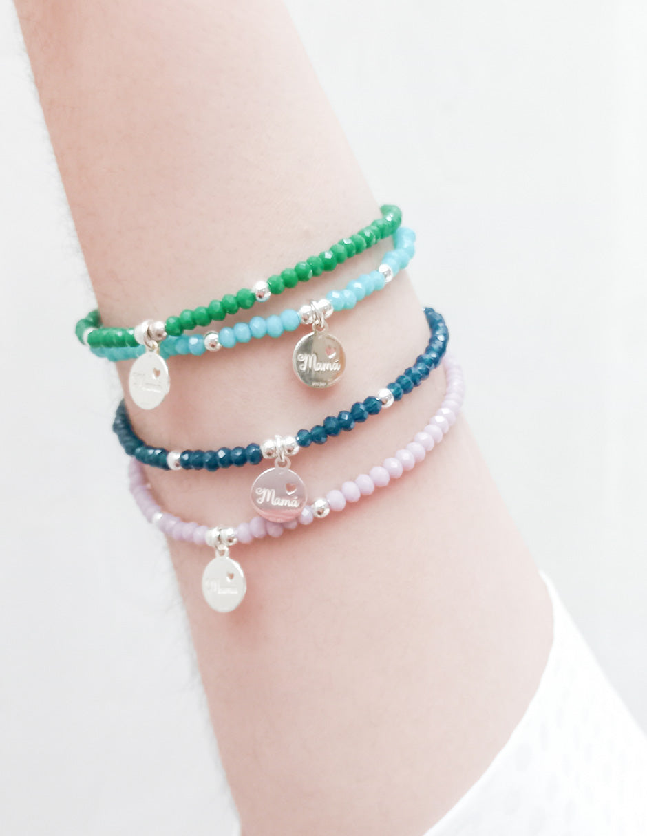 Pulsera calcedonia morada con charm mamá de plata
