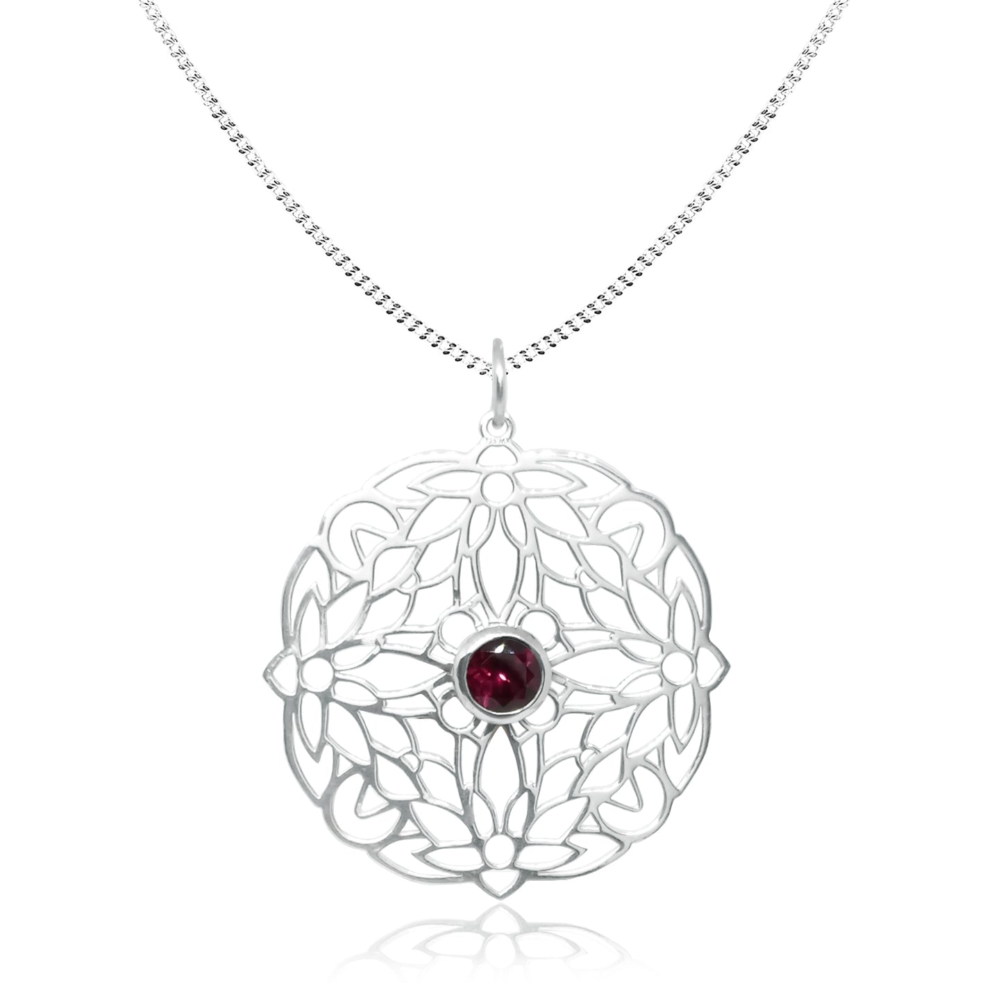 Dije circular Flor de Loto de plata con piedra