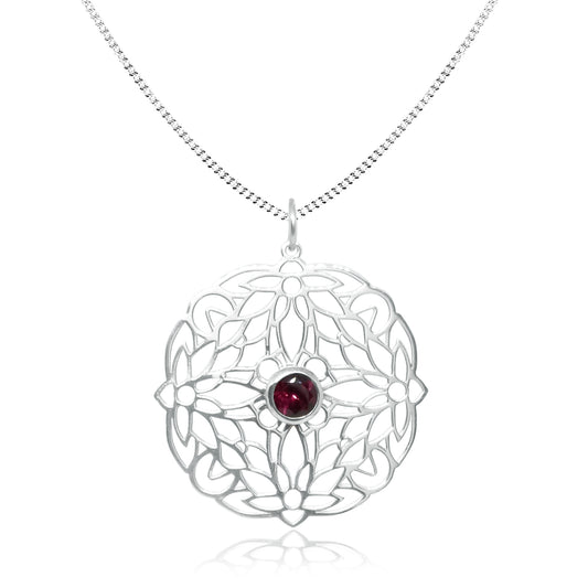 Dije circular Flor de Loto de plata con piedra