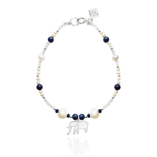 Pulsera Suerte Elefante de plata con piedras y perlas