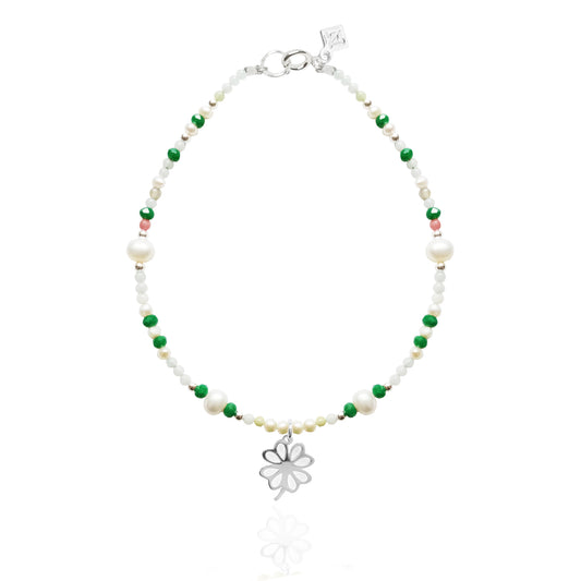 Pulsera Suerte Trébol de plata con piedras y perlas