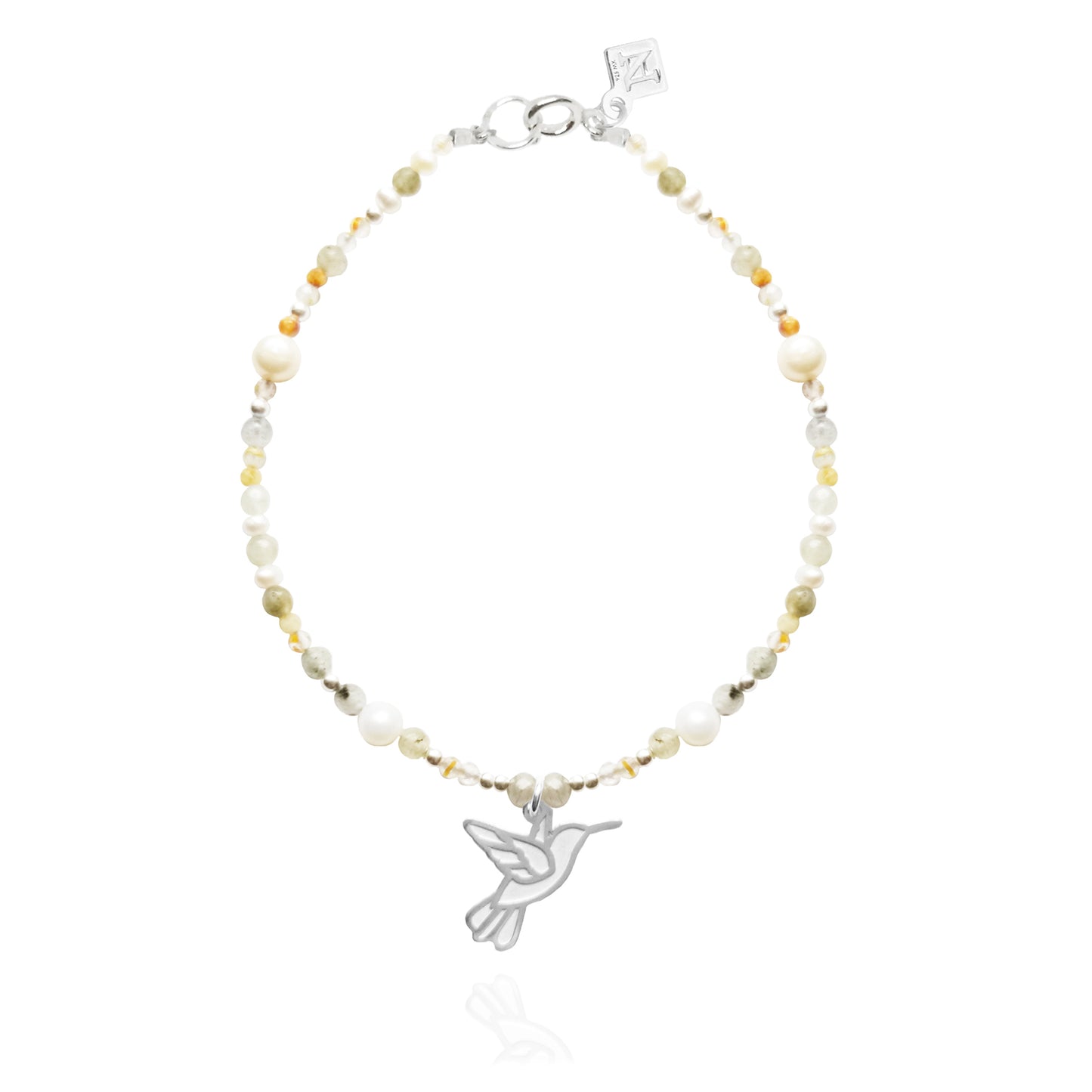 Pulsera Suerte Colibrí de plata con piedras y perlas