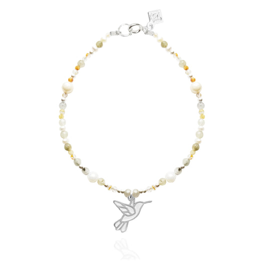Pulsera Suerte Colibrí de plata con piedras y perlas