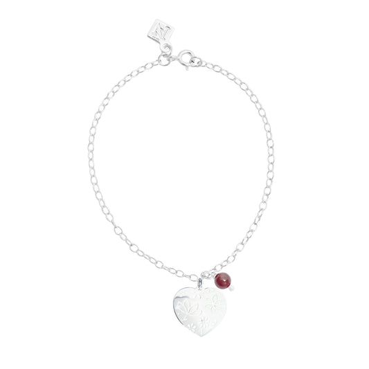 Pulsera corazón Querer cadena de plata con granate