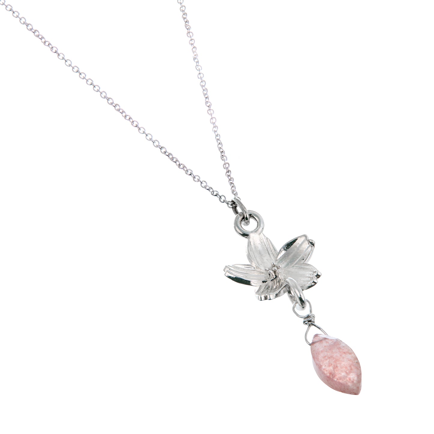 Dije Flor de Cerezo y cuarzo con cadena de plata