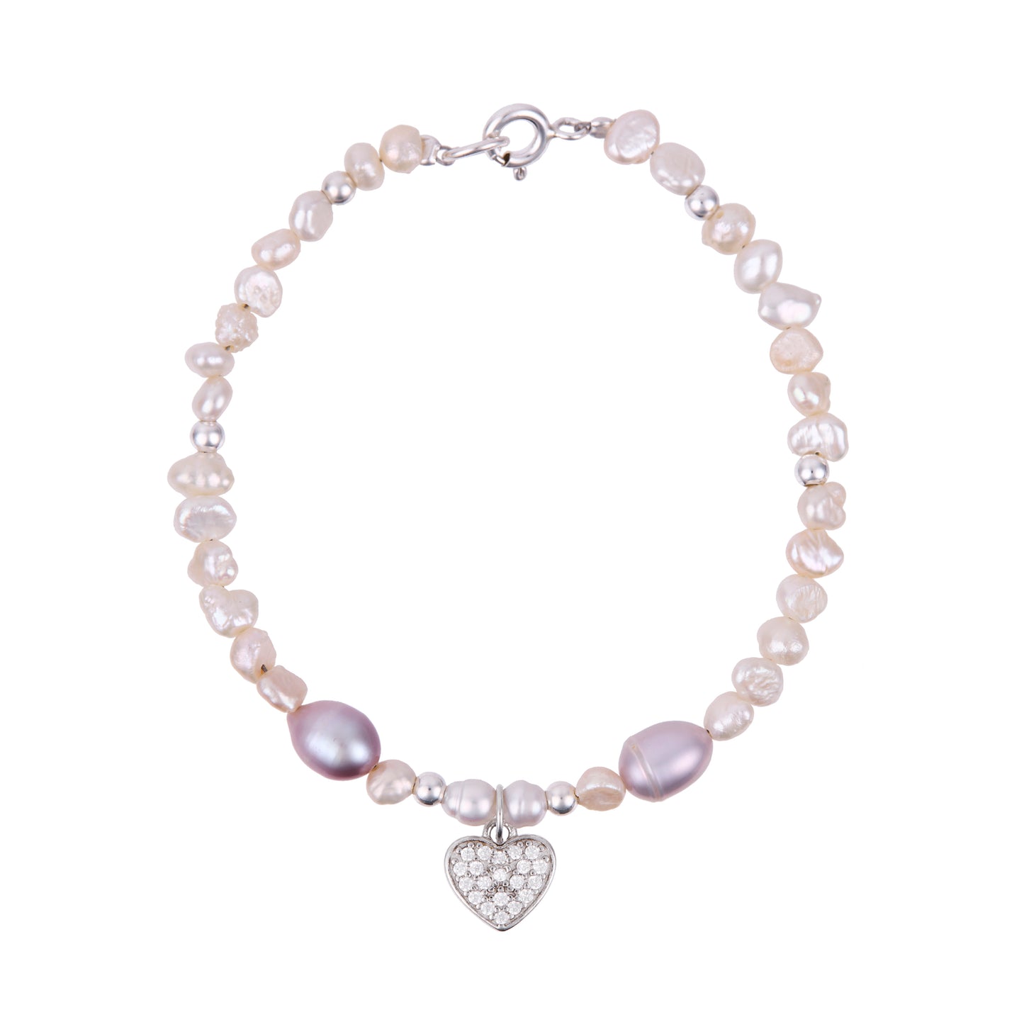 Pulsera Destellos de perlas y corazón de plata con zirconias