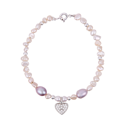 Pulsera Destellos de perlas y corazón de plata con zirconias