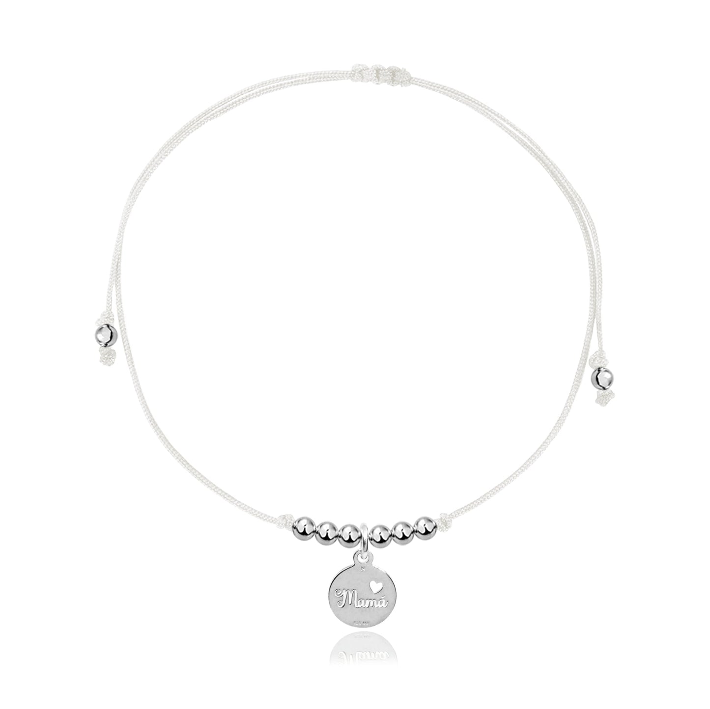 Pulsera Charm Mamá de plata con hilo blanco