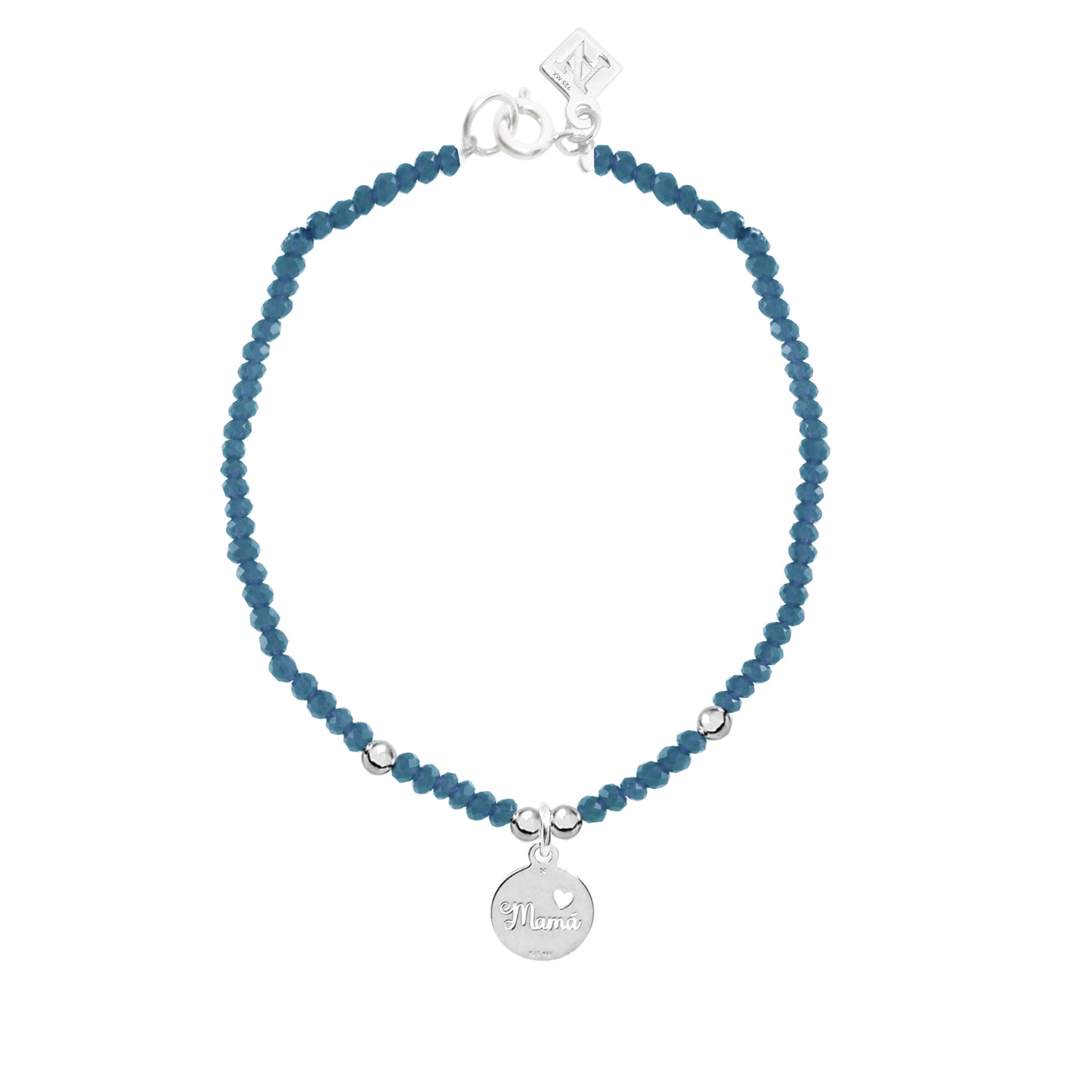 Pulsera calcedonia azul con charm mamá de plata