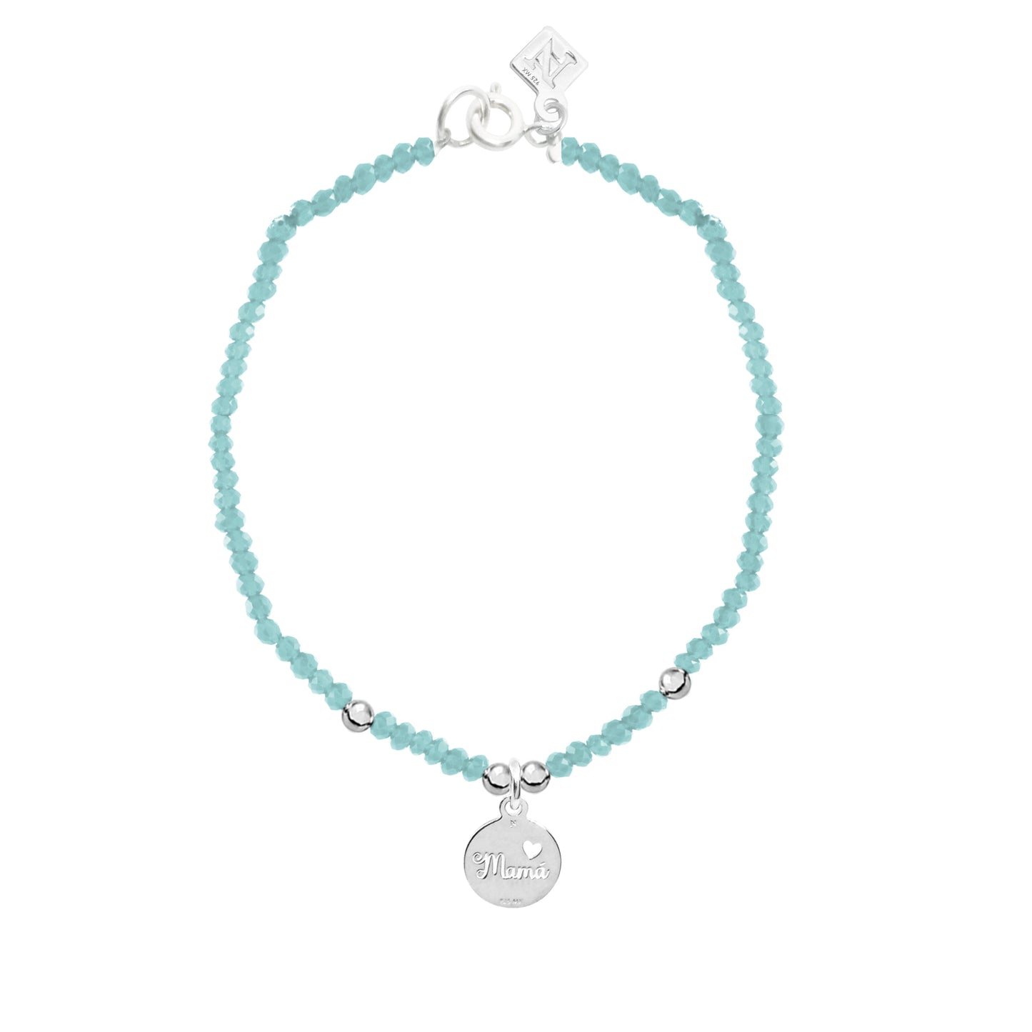 Pulsera calcedonia azul claro con charm mamá de plata
