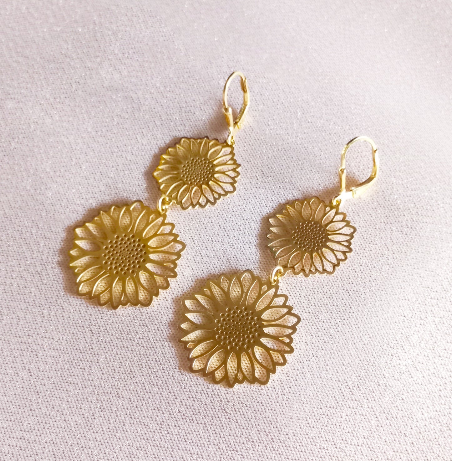 Aretes largos Girasol de plata con baño de oro