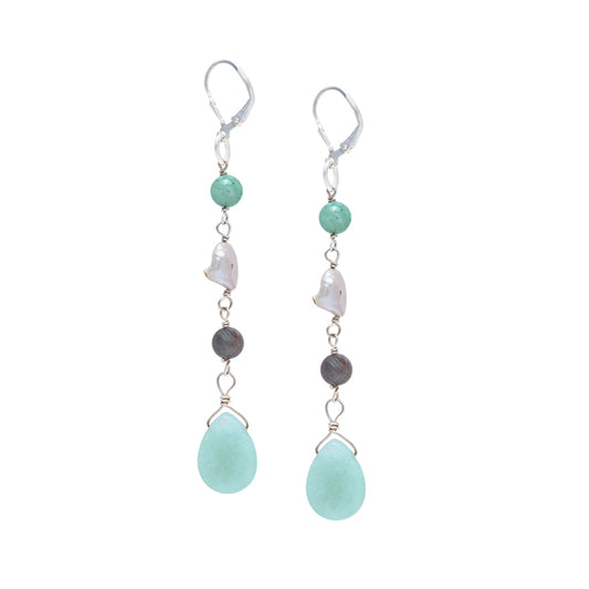 Aretes largos Terra con labradorita, Ágata verde, perlas y plata