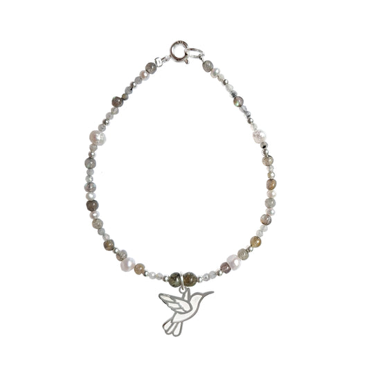 Pulsera Suerte Colibrí de plata con piedras y perlas