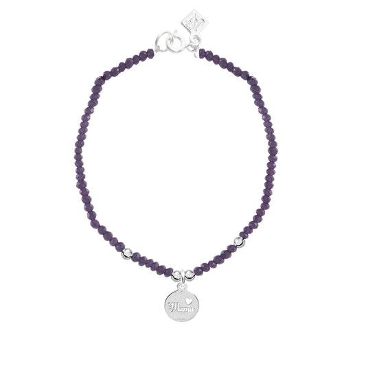 Pulsera calcedonia morada con charm mamá de plata