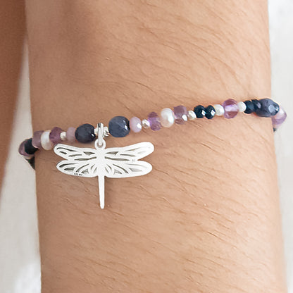 Pulsera Suerte Libélula de plata con piedras y perlas